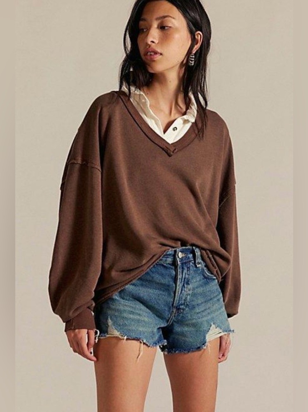 NWT FREE PEOPLE WE THE FREE VENICE V NECK SWEATSHIRT BROWN BEAR